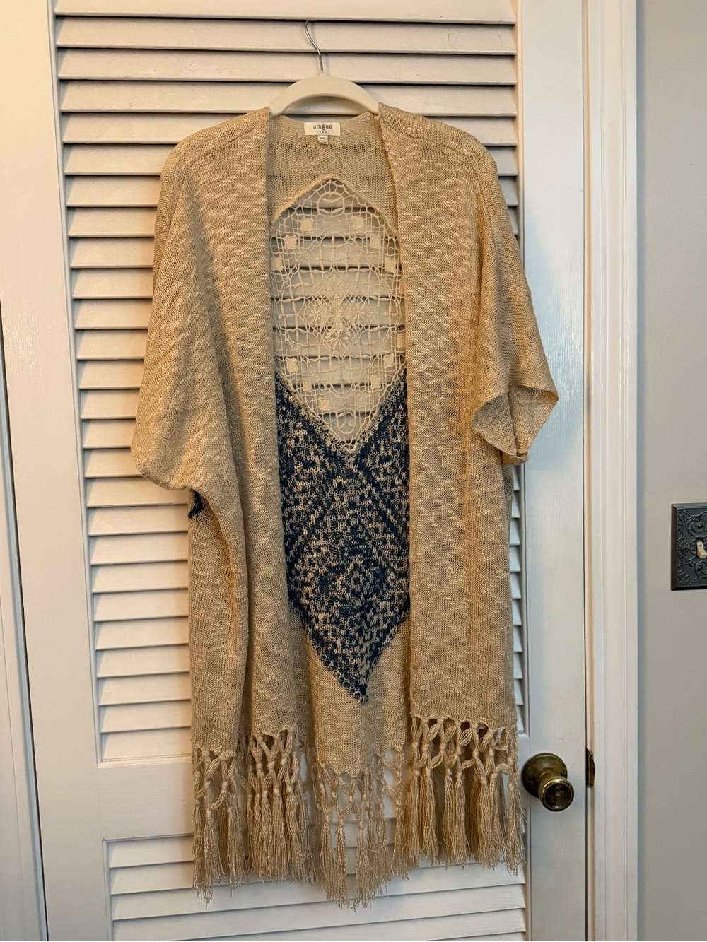 Umgee Beige Crochet Fringe Open Long Cardigan With Short Sleeves